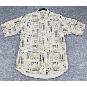 Vintage Columbia Men's M Beige All Over Fish Print Button Up Short Sleeve Camp